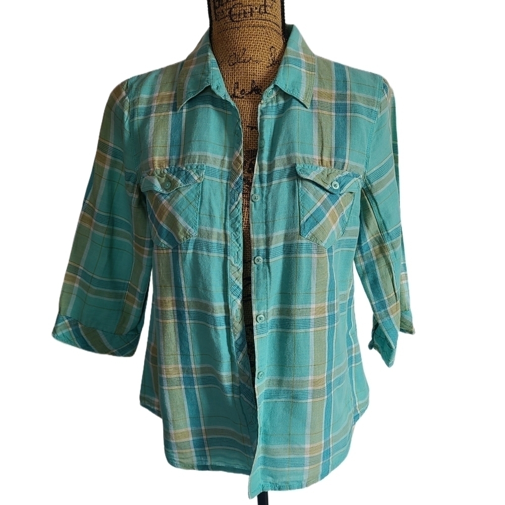 Unbranded Linen/Cotton Aqua Blue Plaid Button-Down Shirt